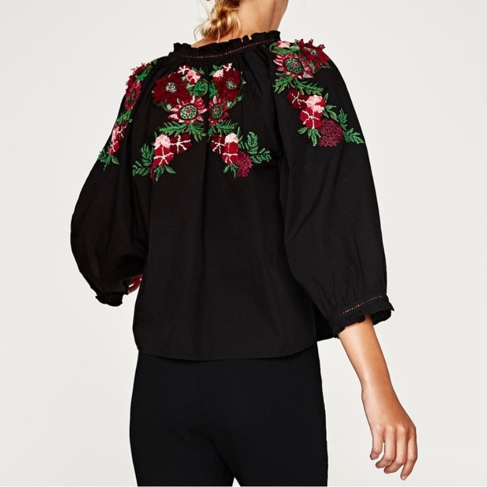 Zara Embroidered Floral Pheasant Blouse Size S Black 3/4 Sleeve Boho